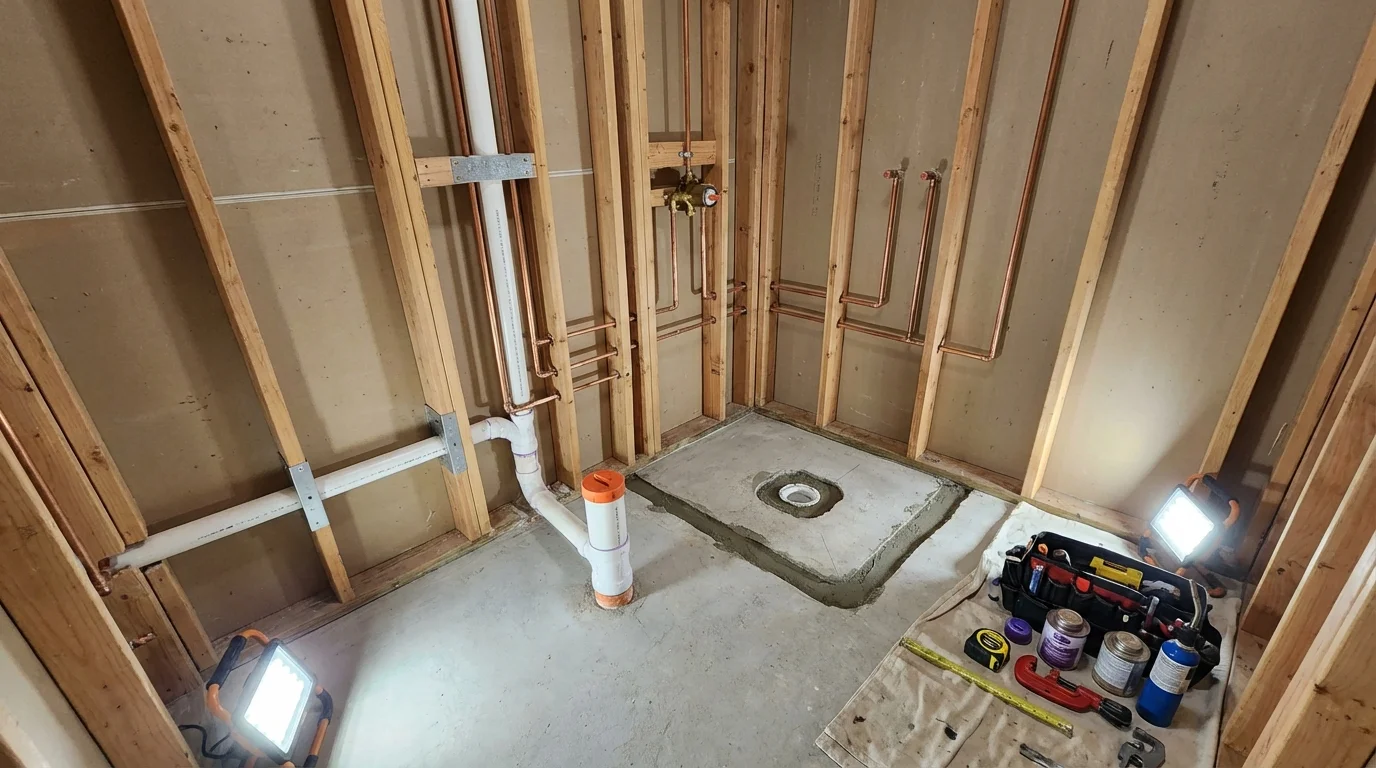 Bathroom rough-in plumbing during remodel by Johns Plumbing LLC in Garrett Park