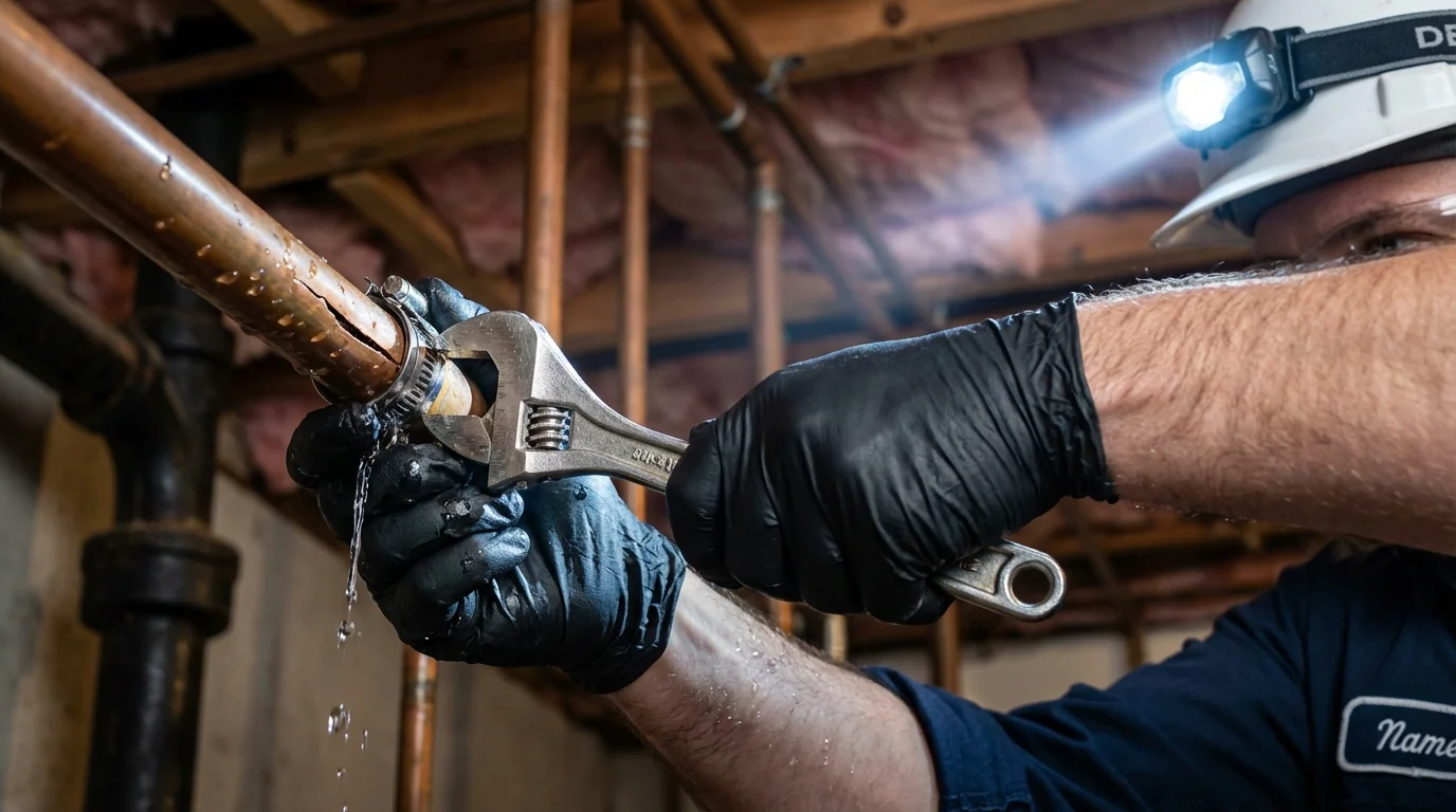 Emergency pipe clamp repair being performed by a Johns Plumbing LLC plumber in Garrett Park