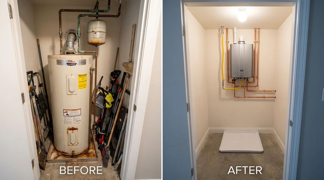Tank water heater versus wall-mounted tankless unit comparison for Garrett Park, MD homeowners
