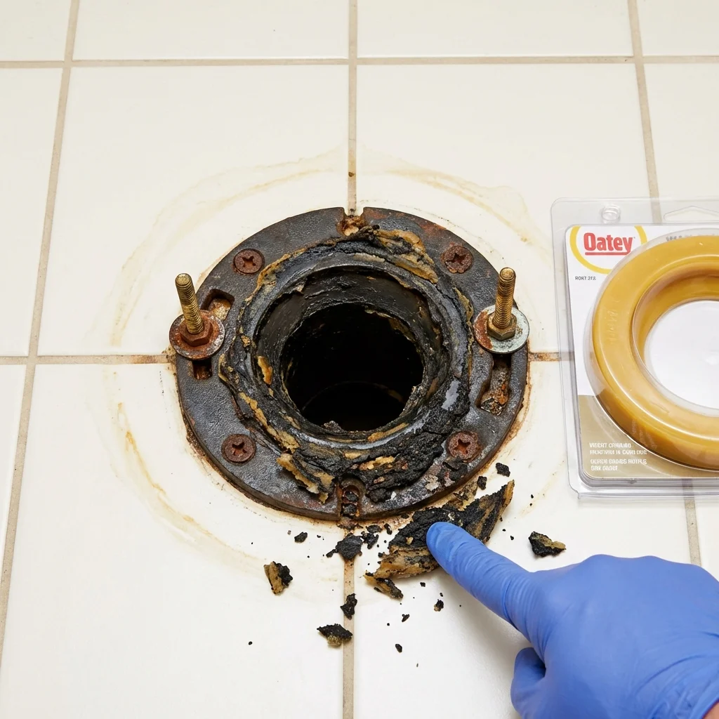 Failed wax ring showing water seepage at the base of a toilet in a Garrett Park, MD home
